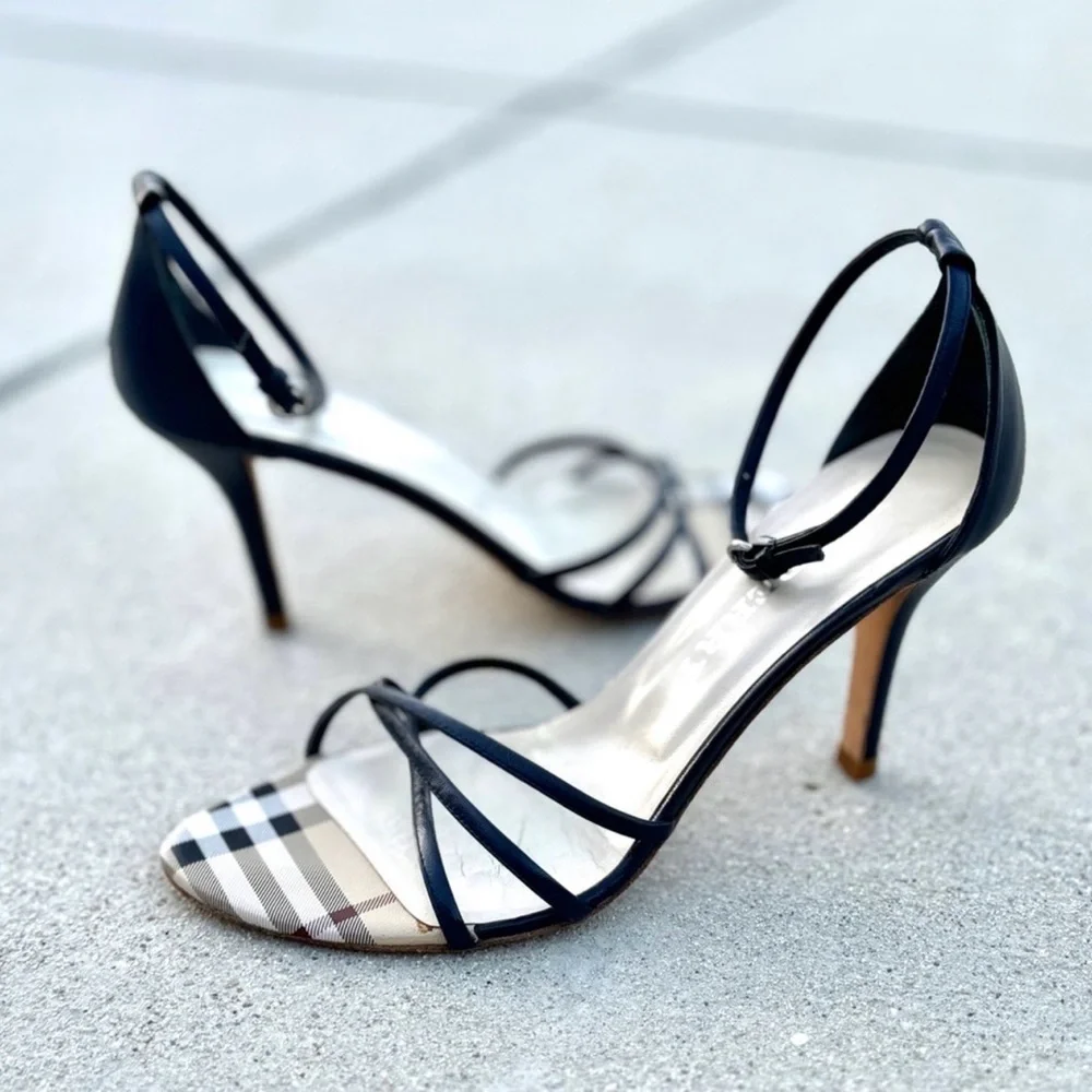 BURBERRY Strappy Leather Navy Blue w/Classic Plaid Toe Stiletto Sandals w/Box